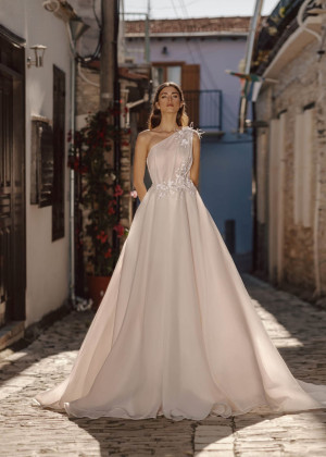 One Shoulder Light Pink Organza Lace Dreamy Wedding Dress